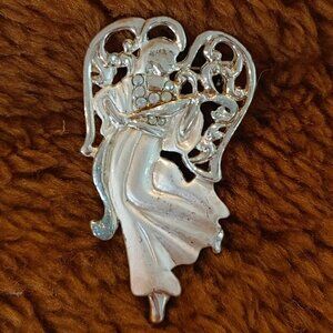 Vintage Angel Brooch Pin Silver Tone Rhinestones AAI